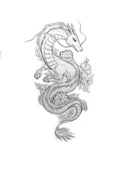 a black and white drawing of a dragon with flowers on it's back side