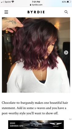 Brunette Plum Balayage, Purple Lowlights In Light Brown Hair, Fall Hair Colors For Dark Brown Hair, Red Highlights On Short Hair, Short Dark Fall Hair, Chocolate Plum Hair Color, Brown Hair With Burgundy Balayage, Burgundy Balayage Brunettes, Short Plum Hair