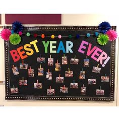 the best year ever bulletin board is decorated with colorful pom poms and pictures