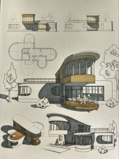 an architectural drawing of a building with many different levels and sections, including the roof