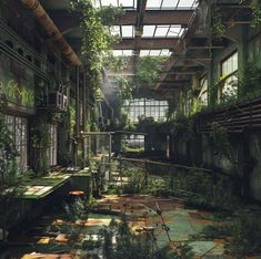 an abandoned building with lots of plants growing out of the windows and in the floor