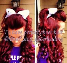 Perfect cheer hair..need to learn to master the "cheer" bump! Cheer Competition Hair Ponies, Teased Cheer Ponytail, Cheerleading Updos Cheer Hair, Cheer Comp Hairstyles With Bows, Cheer Hairstyles With Bows Ponies, Cheerleader Hair, Cheerleading Makeup