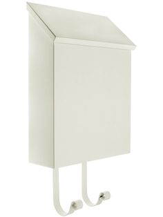 a white wall mounted cabinet with two hooks