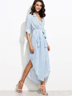 Vestido Chemise Listrado Azul e Branco - Compre Online Fitness Fashion Outfits, Party Mode, Trendy Dress Outfits, Long Sleeve Wrap Dress, Tie Shirt, Chiffon Maxi Dress, Womens Casual Outfits, Trendy Dresses, Party Fashion