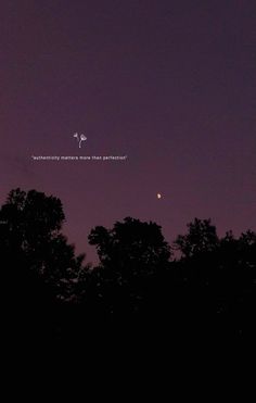 the moon is setting over some trees in front of a purple sky with an airplane flying overhead