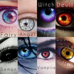 many different colored eyes with the words witch devil written in each one's upper corner