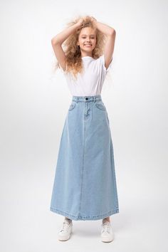 ◆ EXPRESS shipping worldwide - wear your beautiful piece within a few days! ◆ Perfect denim skirt for anytime of the year, any occasion. ◆ Ice Blue ◆ Soft denim fabric ◆ Has pockets in the front and back ◆ Low waist ◆ Bell shape SIZING The item comes in US Women's sizes 4-6-8-10-12. Our model is 5' 9'' (175 cm) and is wearing size 4. The skirt length to the hem is 3' 1'' (95 cm). FABRICS & CARE * Fabric: 100% cotton * Care: Turn inside out before washing. Use warm hand wash or cold machine w Full Length Blue Denim Skirt, Casual Long Skirt In Light Wash, Casual Long Light Wash Skirt, Casual Light Wash Long Skirt, High Waist Light Wash Relaxed Skirt, Casual Full-length Light Wash Skirt, Casual Full Length Light Wash Skirt, Casual Light Wash Full Length Skirt, Blue Denim Skirt Outfit