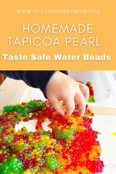 Toddler hands playing with tapicoa pearls Table Top Sensory Activities, Waterbeads Sensory Bin, Tapioca Sensory Bin, Edible Tuff Tray Ideas, Tapioca Sensory Play, Tapioca Pearls Sensory Play, Edible Water Beads, Taste Safe Sensory Play, Taste Safe Sensory