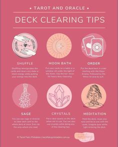 a pink poster with instructions on how to use the tarot and oracle deck cleaning tips