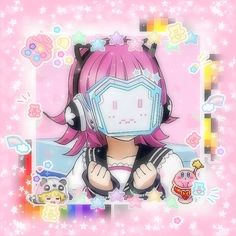 an anime character with pink hair wearing headphones