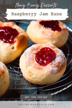 raspberry jam buns on a cooling rack with text overlay that reads, how to make raspberry jam biscuits