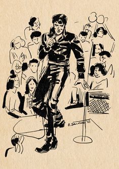 a black and white drawing of a man standing in front of a group of people