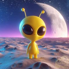 a small yellow alien standing on top of a sandy beach next to a moon and stars filled sky