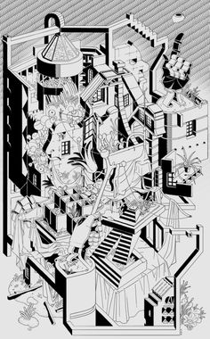 a black and white drawing of a city with lots of things on the ground in it