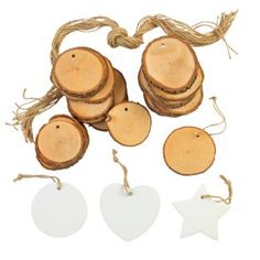 wood slices and tags with twine on white background