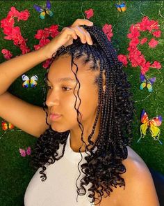 Small Knotless Box Braids With Curls Bob, Short Box Braids Hairstyles With Curls, Short Small Knotless Box Braids, Short Curly Knotless Braids, Pin Interest, Braids Ideas