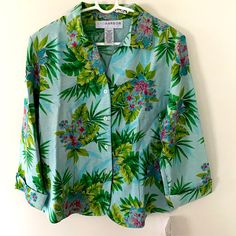 Nwt Sag Harbour Silk Blouse Is Washable. Perfect For Warm Weather Getaways! Green Long Sleeve Top With Tropical Print, Long Sleeve Cotton Tops With Tropical Print, Sag Harbor, Silk Blouse, Warm Weather, Color Blue, Top Blouse, Blouses, Womens Tops