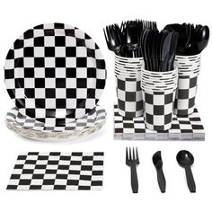 black and white checkerboard plates, forks, spoons and napkins with matching utensils