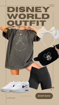 the disney world outfit is being displayed in front of a woman's shirt and shorts