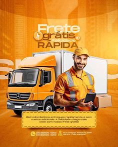 a man standing in front of a truck holding a clipboard with the words freete gratis rapide rapida on it