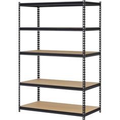 four tier shelving unit with wood shelves on each side and metal brackets at the bottom