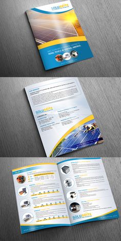 an open brochure with blue and yellow colors on it, in the middle of two