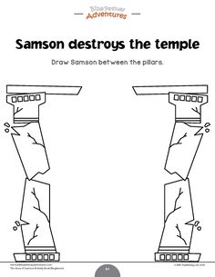 an image of a cartoon character with the words samson destroys the temple on it