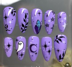 Mystical Nail Designs, Mystical Nails, Pastel Goth Nails, Mystic Nails, Fall Leaves Nail Art, Cartoon Nails, Spooky Nails, Witchy Nails, Nail Drawing