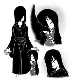 an anime character with long black hair wearing a coat and holding her hand out to the side