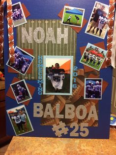 a collage of photos and pictures with the name noah on it in front of a football field