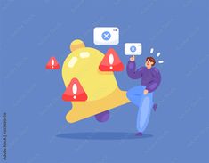 concept of notification of problem or warning of danger. detected an error has occurred. error in the system and software. illustration of a man with a bell and warning sign. flat style design. elemen Stock Vector | Adobe Stock