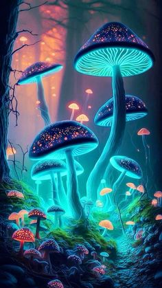 a group of mushrooms that are in the forest with blue lights on them and green grass