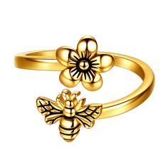 PRICES MAY VARY. ❤Honey Bee Rings'MATERIALS❤: Silver/18K Gold/Black Gun Plated will ensure a very long lasting brilliant finish, high resistance to rust and Not allergic, hypoallergenic material, free of lead and nickel, soft for skin. ❤Daisy Flower Bee Ring's DIMENSION❤:This ring is adjustalbe,fits most of people. ❤EXQUISITE GIFT WRAPPED❤:Neatly wrapped and comes with a beautiful brand gift box, take it as a reward for yourself or a great personalized gift for any occasion. ❤IDEAL GIFTS❤:Suitab Bee And Flower, Bee Ring, Adjustable Jewelry, Branded Gifts, Girls Jewelry, Open Ring, Ring Jewelry, Honey Bee, Adjustable Ring