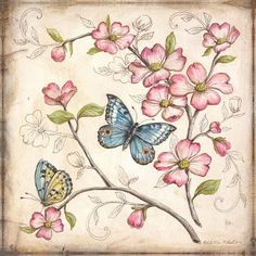 two butterflies on a branch with pink flowers in the foreground and an old - fashioned background