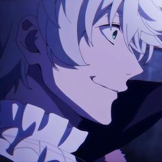 an anime character with white hair and green eyes looking off to the side in front of a dark background