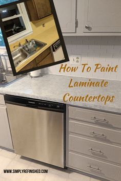 a kitchen counter with the words how to paint laminate counters