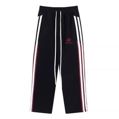 Our Classic Stripe Straight Sweatpants will elevate your wardrobe. This luxurious piece features a classic stripe design that will keep you looking stylish and polished. Crafted from premium material, these sweatpants offer an unparalleled level of comfort and sophistication. Perfect for the office or everyday wear, these sweatpants will become a wardrobe staple. Features: -100% Polyester -Mid-rise Waist -Drawstring Waistband -Stripe -Regular Fit -Classic Style Athleisure Streetwear Pants With Contrast Stripes, Athleisure Pants With Contrast Stripes For Streetwear, Black Trousers With Contrast Stripes, Streetwear Sweatpants With Three Stripes, Black Pants With Contrast Stripes For Streetwear, Cotton Sweatpants With Side Stripes For Streetwear, Casual Sweatpants With Contrast Stripes For Streetwear, Contrast Stripes Sportswear Sweatpants For Streetwear, Streetwear Bottoms With Contrast Stripes