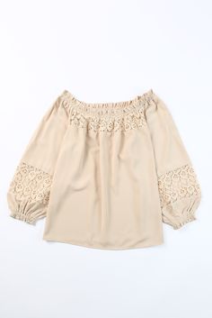 Apricot Crochet Hollow-out Off-shoulder Blouse Off-shoulder Solid Color Blouse For Brunch, Off-shoulder Blouse For Spring, Spring Off-shoulder Blouse, Elegant Beige Off-shoulder Top, Elegant Off-shoulder Beige Tops, Off-shoulder Lace Blouse For Spring, Beige Off-shoulder Summer Tops, Off-shoulder Lace Top For Spring, Off-shoulder Lace Top Blouse For Spring