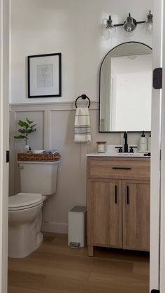 a white toilet sitting next to a bathroom sink under a mirror and a wooden cabinet