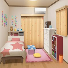 a room with a bed, desk and bookcase in the corner is decorated in pastel colors