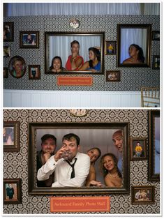 two pictures of people in a photo booth