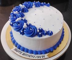 a blue and white birthday cake on a plate