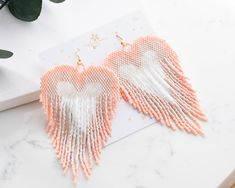 Bohemian Heart Beads Earrings For Valentine's Day, Handmade White Beaded Earrings For Valentine's Day, Valentine's Day White Beaded Earrings, Light Pink Heart, Coquette Jewelry, Beaded Fringe Earrings, Large Heart, Rose Pastel, Miyuki Beads