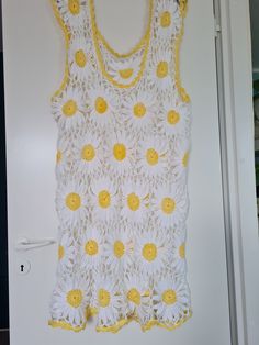 "Handmade crochet daisy flowers long top/ mini dress for summertime. Length 43\"/ 110cm, width 22\"/108 cm" Spring Crochet Trim Beach Cover-up Dress, Spring Beach Mini Dress With Daisy Print, Summer Beach Mini Dress With Daisy Print, Beach Mini Dress With Daisy Print For Summer, Summer Mini Dress With Daisy Print, Summer Daisy Print Mini Dress, Beach Mini Dress With Daisy Print, Spring Beachwear Crochet Lace Top, Spring Lace Crochet Top For Beachwear