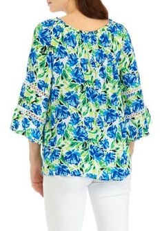 Add eye-catching appeal to your closet with this printed blouse. | AGB Women's 3/4 Sleeve Printed Blouse, Medium Green Printed Half Sleeve Blouse, Printed Half Sleeve Tops For Vacation, Printed 3/4 Sleeve Blouse, Spring Vacation Tops With 3/4 Sleeves, Printed Half Sleeve Beach Blouse, Beach Blouse With Half Sleeves And Print, Beach Half Sleeve Printed Blouse, Patterned Printed Blouse With 3/4 Sleeves, Multicolor 3/4 Sleeve Vacation Blouse