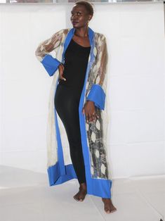 DESIGNER’S NOTE: This luxurious blue and cream sheer kimono robe elegantly combines the sheerness and complementary blue crepe fabric used on the lapel, cuffs and bottom of the robe to stunning effect. VERSATILE PIECE: wear as brial robe, dressing gown, dinner dress, honeymoon nightgown, cool cover-up, over jeans or leggings, see through lingerie gown, cocktail dress, You decide and the result always will be fabulous!CUSTOM MADE: Designed especially for you to ensure a perfect fit. Personalized Elegant Sheer Party Kimono, Elegant Long Sleeve Kimono For Beach Cover-up, Blue Open Front Robe For Spring, Blue Fitted Kaftan, Fitted Blue Kimono For Summer, Fitted Blue Summer Kimono, Long Sleeve Blue Robe For Spring, Blue Long Sleeve Robe For Spring, Elegant Long Sleeve Blue Robe