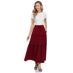 More Details: A Line, Ruffle, Flowy, Tiered, Pleated, Solid color. Style: Elastic ruffle waistband closure closure. Machine washable, Hand Wash Recommended, wash together with similar colors. Long Flowy Skirt, Midi Skirt With Pockets, Skirt Ruffle, Midi Flare Skirt, Denim Maxi Skirt, Long Skirts, Women Midi, Pleated Midi Skirt, Boho Women