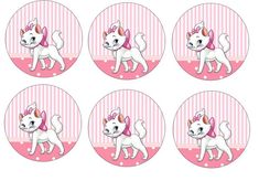 six stickers with cartoon dogs in pink and white stripes, each featuring an image of a dog wearing a bow