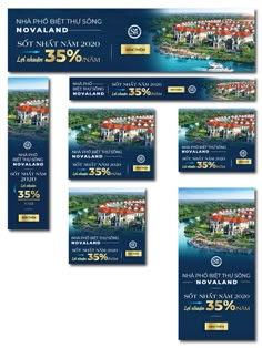 an advertisement for a hotel in the middle of some water with houses and trees on it