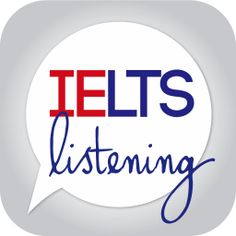 a white speech bubble with the words ielts listening written in red, white and blue